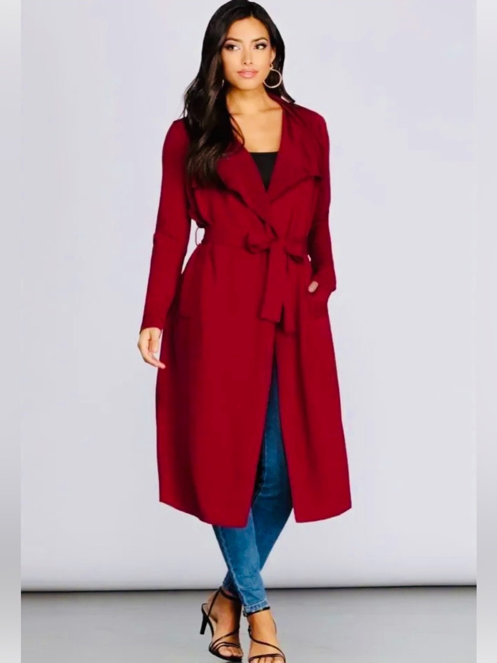 Windsor Long Tie-Waist Duster Coat - Red